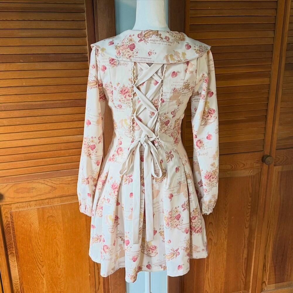 Liz Lisa J-fashion Gyaru Himekaji Victorian Rose Ivory Lace-Up Back Dress XS - Picture 8 of 11